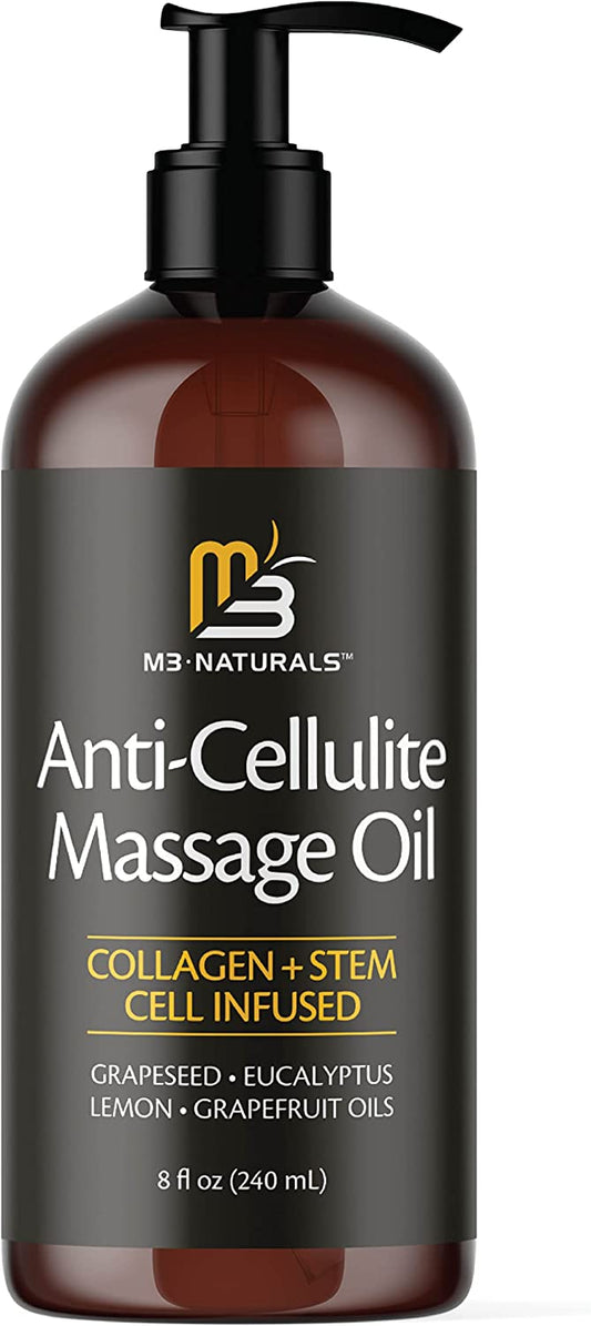 M3 Naturals Anti Cellulite Massage Oil Infused with Collagen and Stem Cell Help Tighten Tone Stretch Marks | Skin Firming Cellulite Remover Treatment | 8 Fl Oz