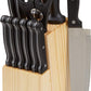 Amazon Basics 14-Piece Kitchen Knife Block Set, High-Carbon Stainless Steel Blades with Pine Wood Knife Block