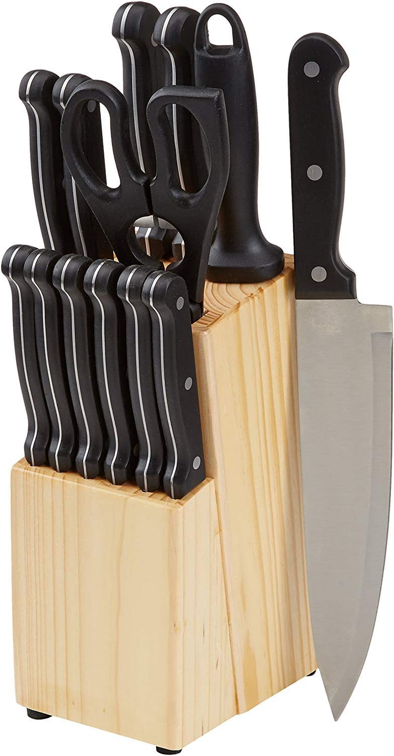 Amazon Basics 14-Piece Kitchen Knife Block Set, High-Carbon Stainless Steel Blades with Pine Wood Knife Block