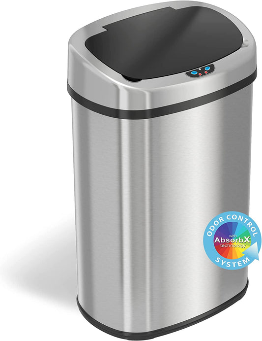 iTouchless 13 Gallon SensorCan Kitchen Trash Can with Odor Filter, Stainless Steel, Oval Shape, Sensor-Activated Lid Garbage Bin for Home, Office, Slim Space-Saving, Battery & AC Adapter not included