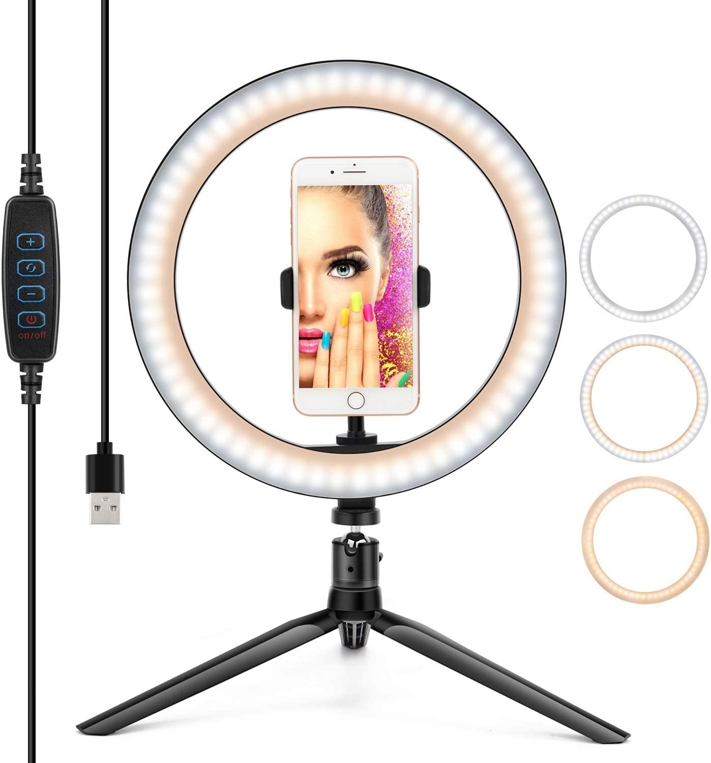 Ring Light LED Desktop Selfie Ring Light USB LED Desk Camera Ringlight 3 Colors Light with Tripod Stand iPhone Cell Phone Holder and Remote Control for Photography Makeup Live Streaming