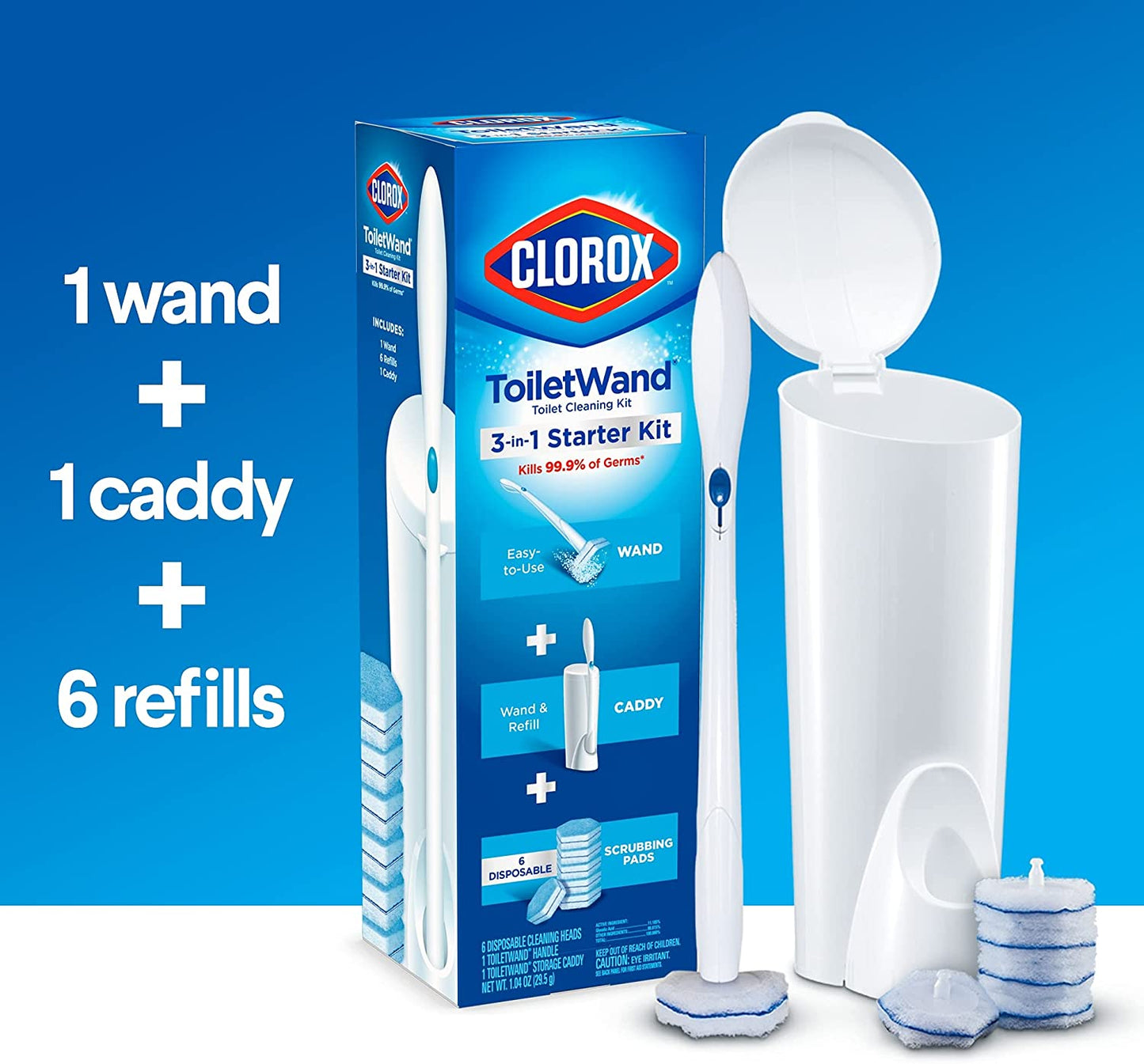 Clorox ToiletWand Disposable Toilet Cleaning System - ToiletWand, Storage Caddy and 6 Disinfecting ToiletWand Refill Heads (Packaging May Vary) (03191)