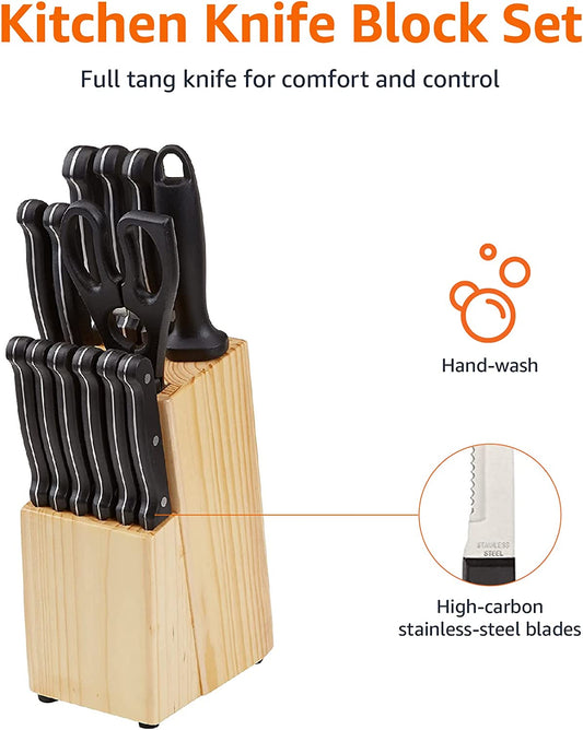 Amazon Basics 14-Piece Kitchen Knife Block Set, High-Carbon Stainless Steel Blades with Pine Wood Knife Block