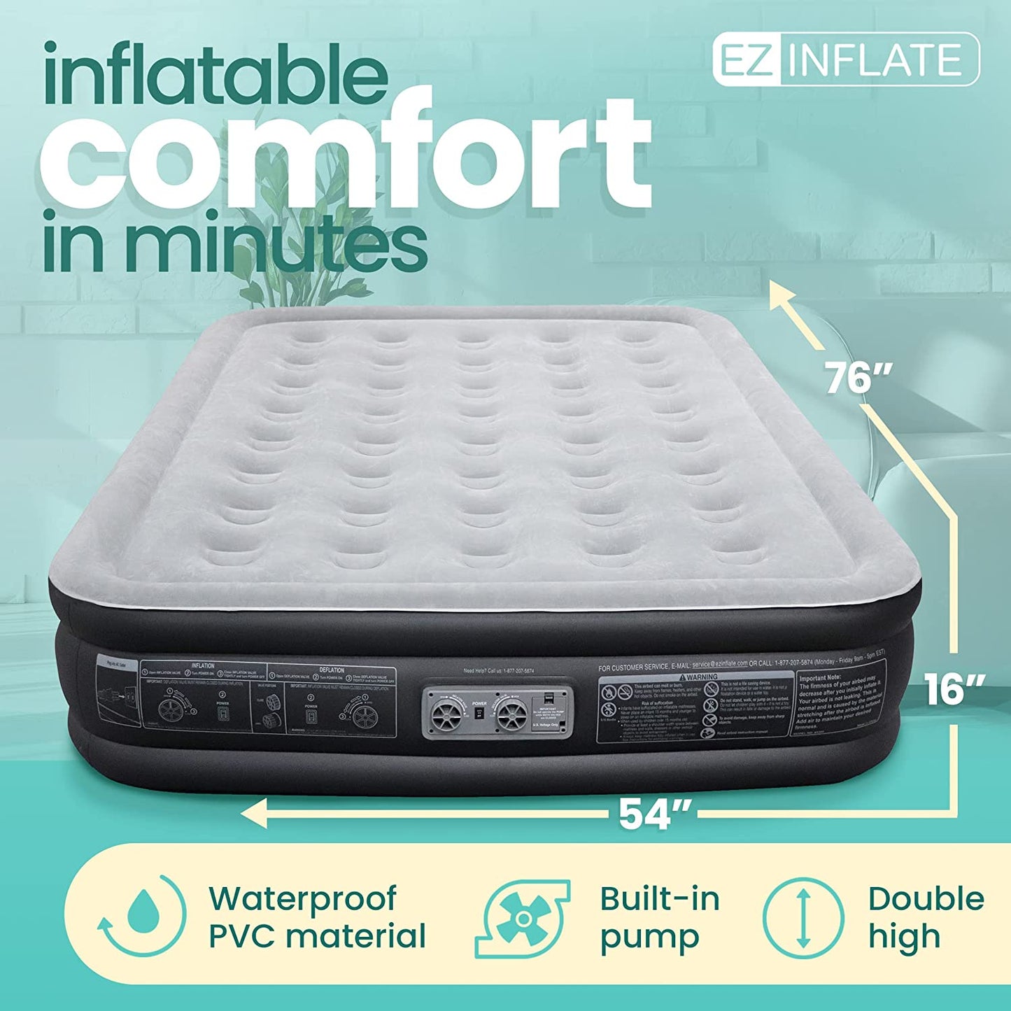 EZ INFLATE Double High Luxury Air Mattress with Built in Pump, Inflatable Mattress