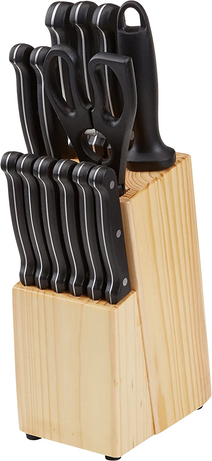 Amazon Basics 14-Piece Kitchen Knife Block Set, High-Carbon Stainless Steel Blades with Pine Wood Knife Block