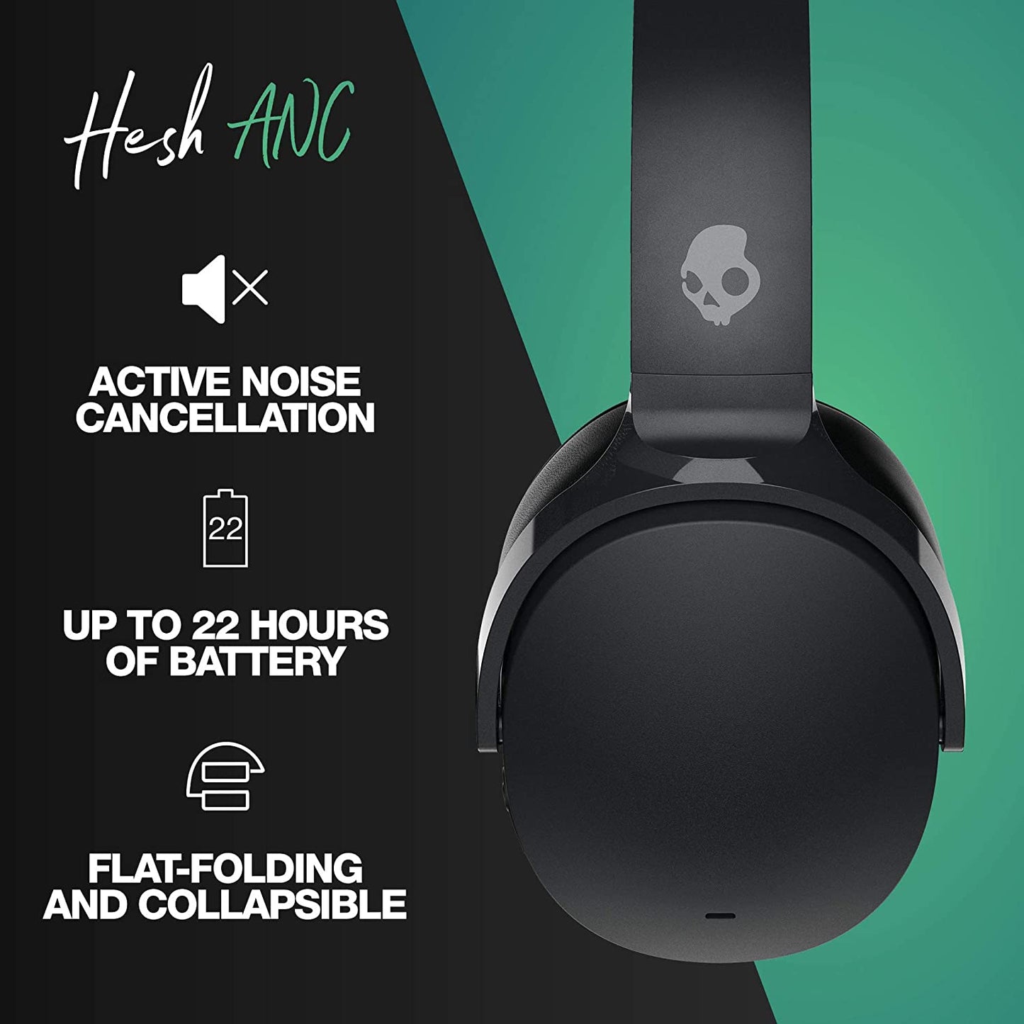 Skullcandy Hesh ANC Wireless Over-Ear Headphones, Active Noise Cancelling, Wireless Charging 22 Hours Battery Life - True Black